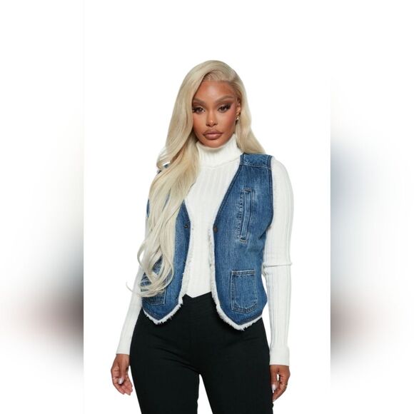 Fashion Nova "Big Sky Denim" Sherpa Lined Button-up Denim Vest Size L NEW - Picture 1 of 7